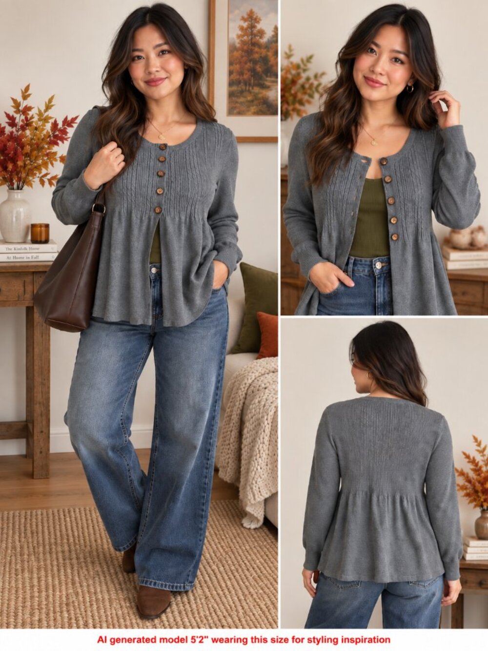 Apt. 9 XL Petite Gray Peplum Cable Knit Button Front Cardigan Sweater